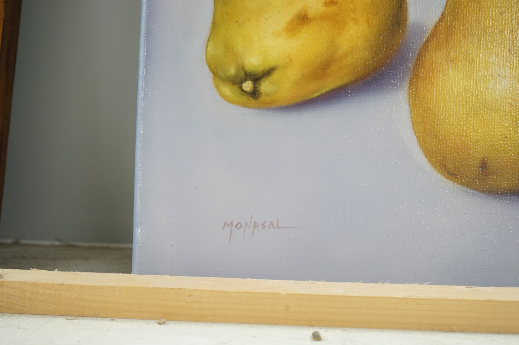 Monreal, pair of Contemporary oils on canvas, Still lifes of apples and pears, 30 x 30cm, unframed